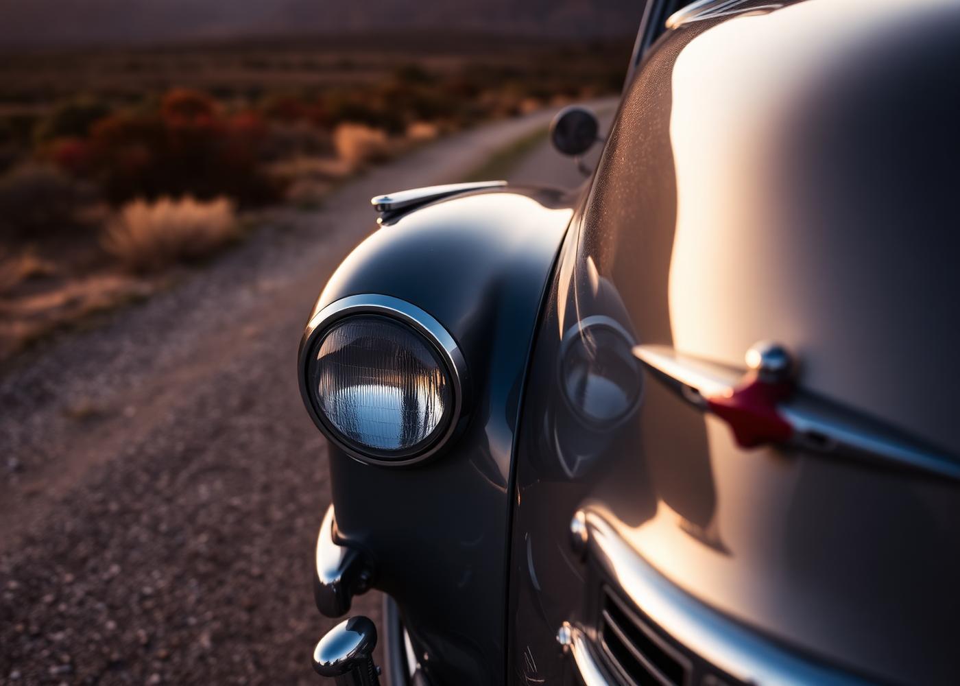 Classic car detail on a gravel road at golden hour