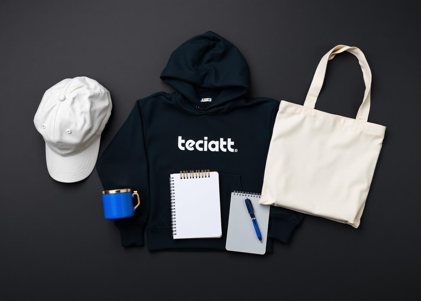 Flat lay of branded corporate merchandise